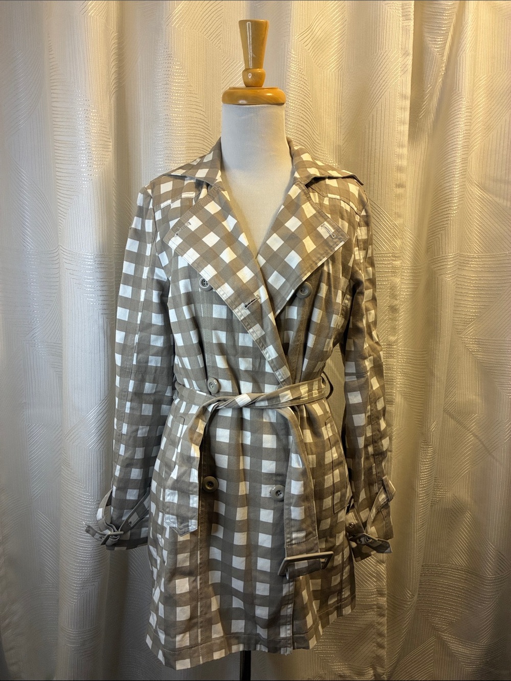 Chadwicks Taupe & White Plaid Belted Trench Coat
